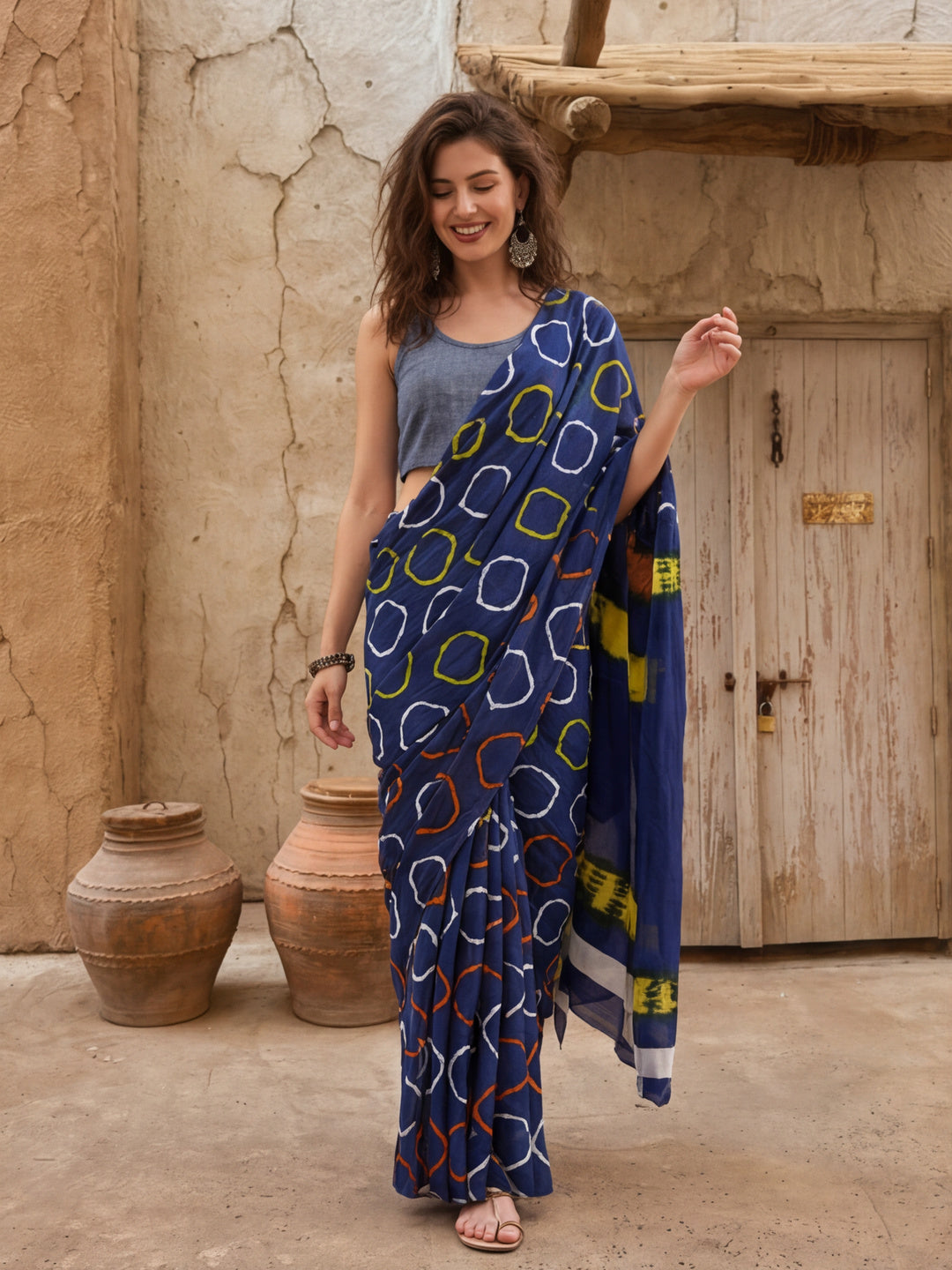 Geometric Printed Pure Cotton Saree With Unstitched Blouse
