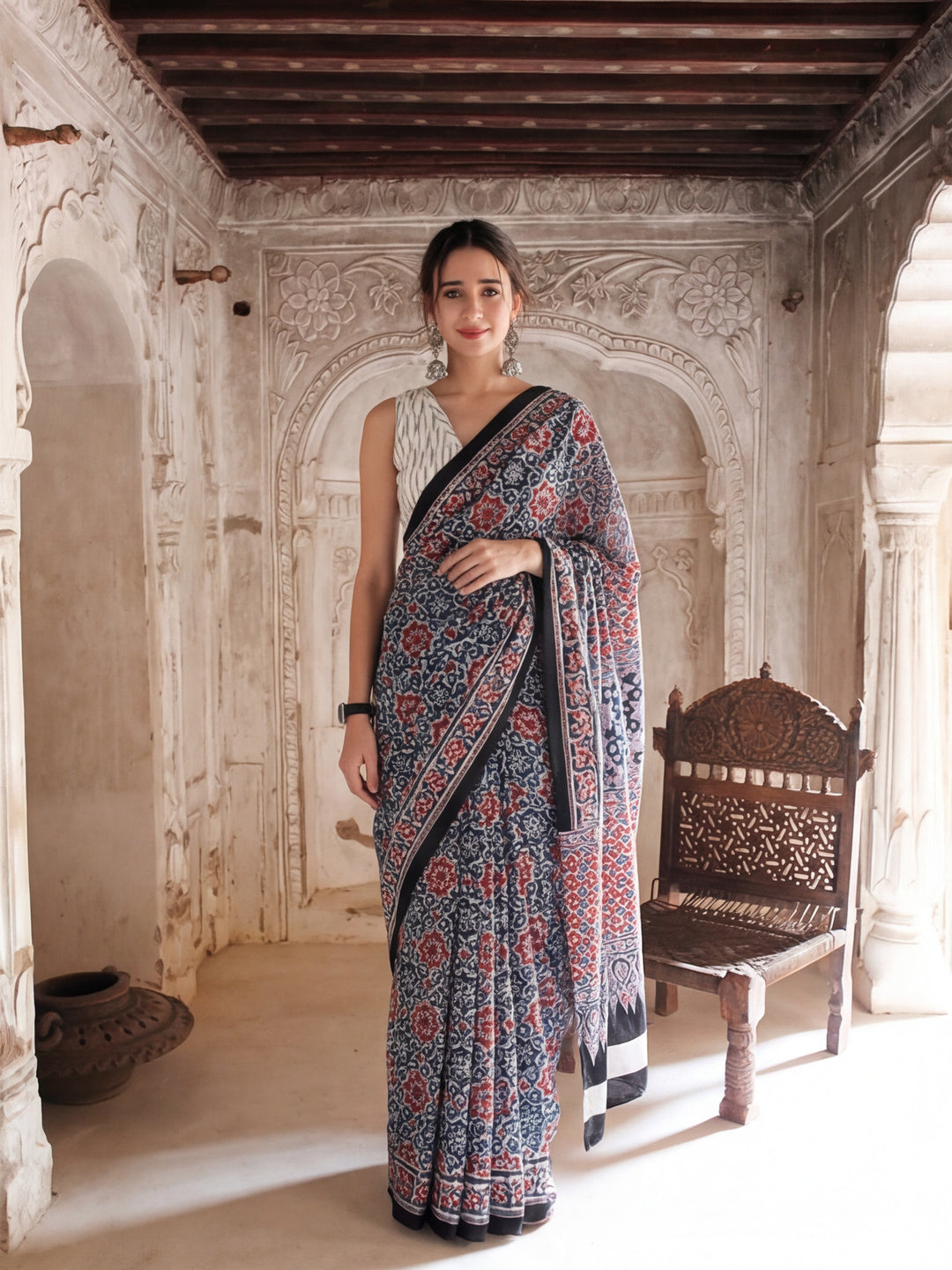 Floral Printed Pure Cotton Saree With Unstitched Blouse
