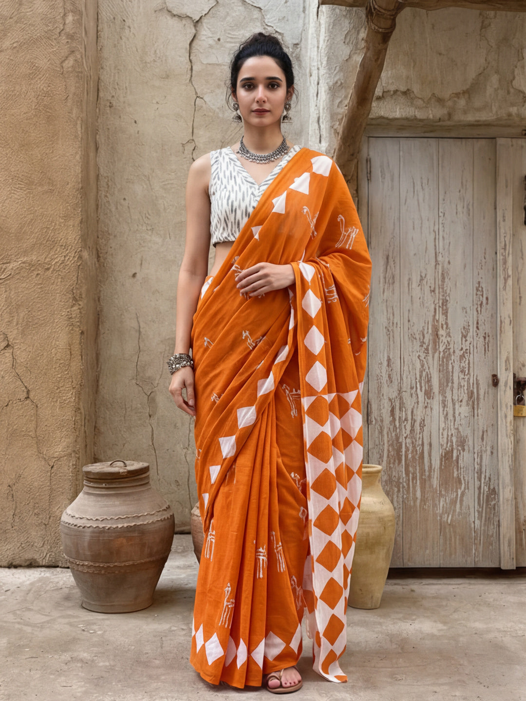 Mulmul Cotton Geometric Printed Saree
