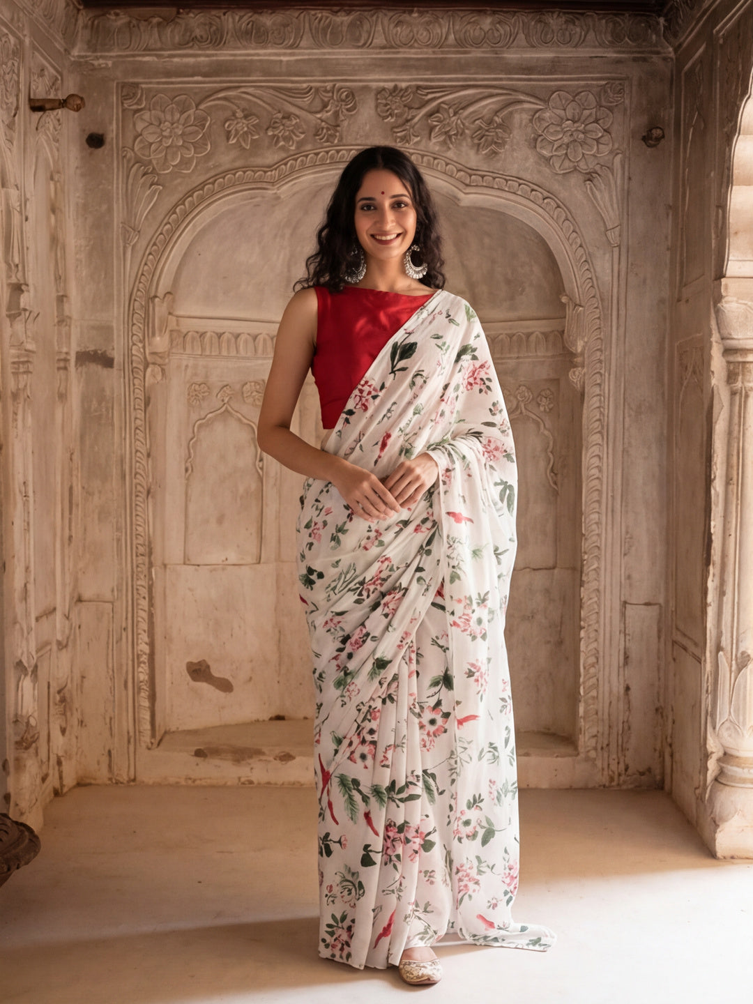 Floral Printed Pure Cotton Saree With Unstitched Blouse