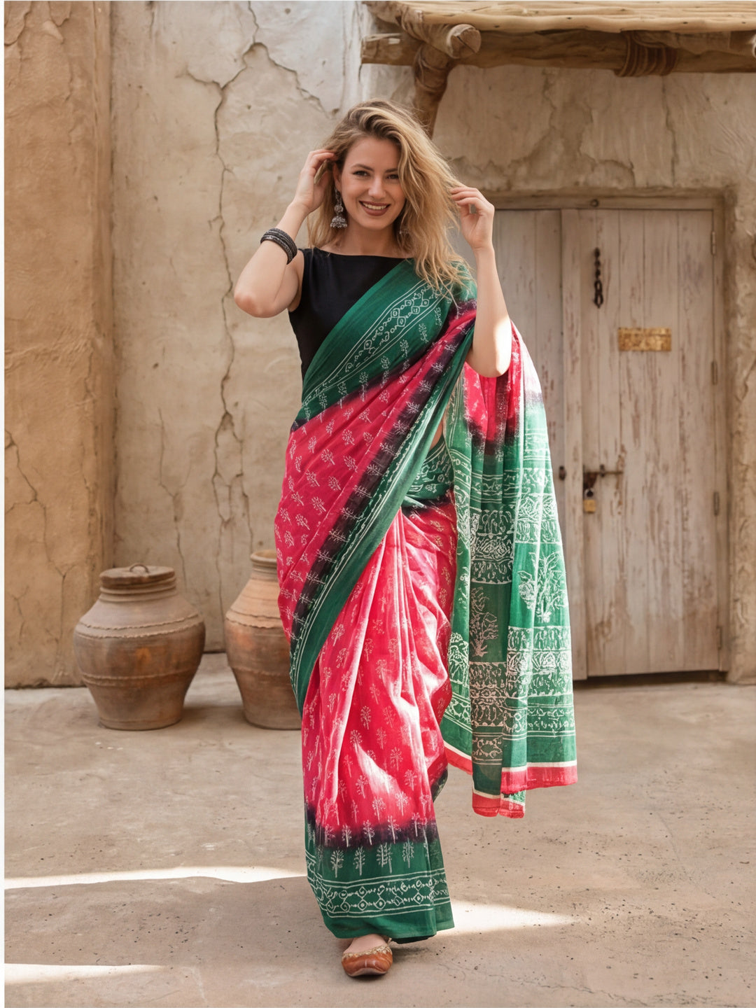 Floral Printed Pure Cotton Saree With Unstitched Blouse
