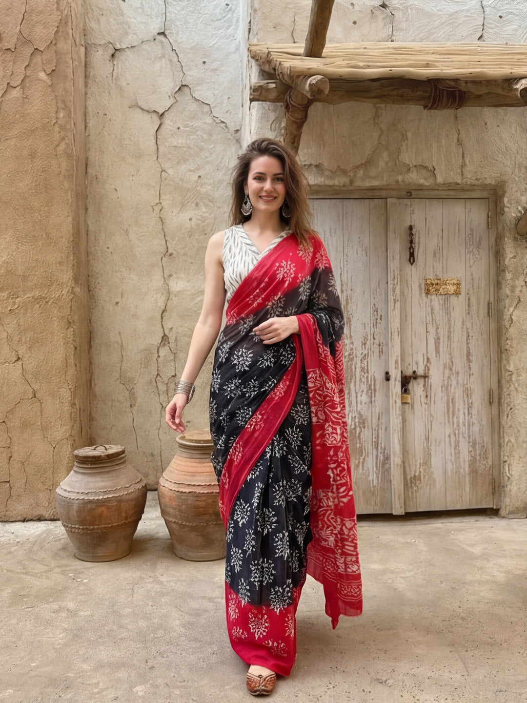 Floral Printed Pure Cotton Saree With Unstitched Blouse