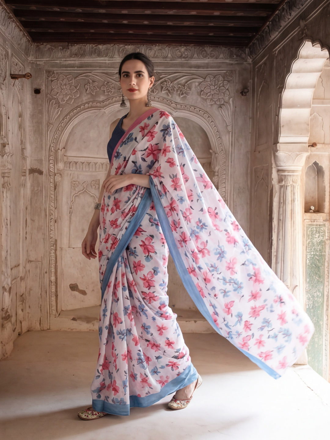 Floral Printed Pure Cotton Saree With Unstitched Blouse