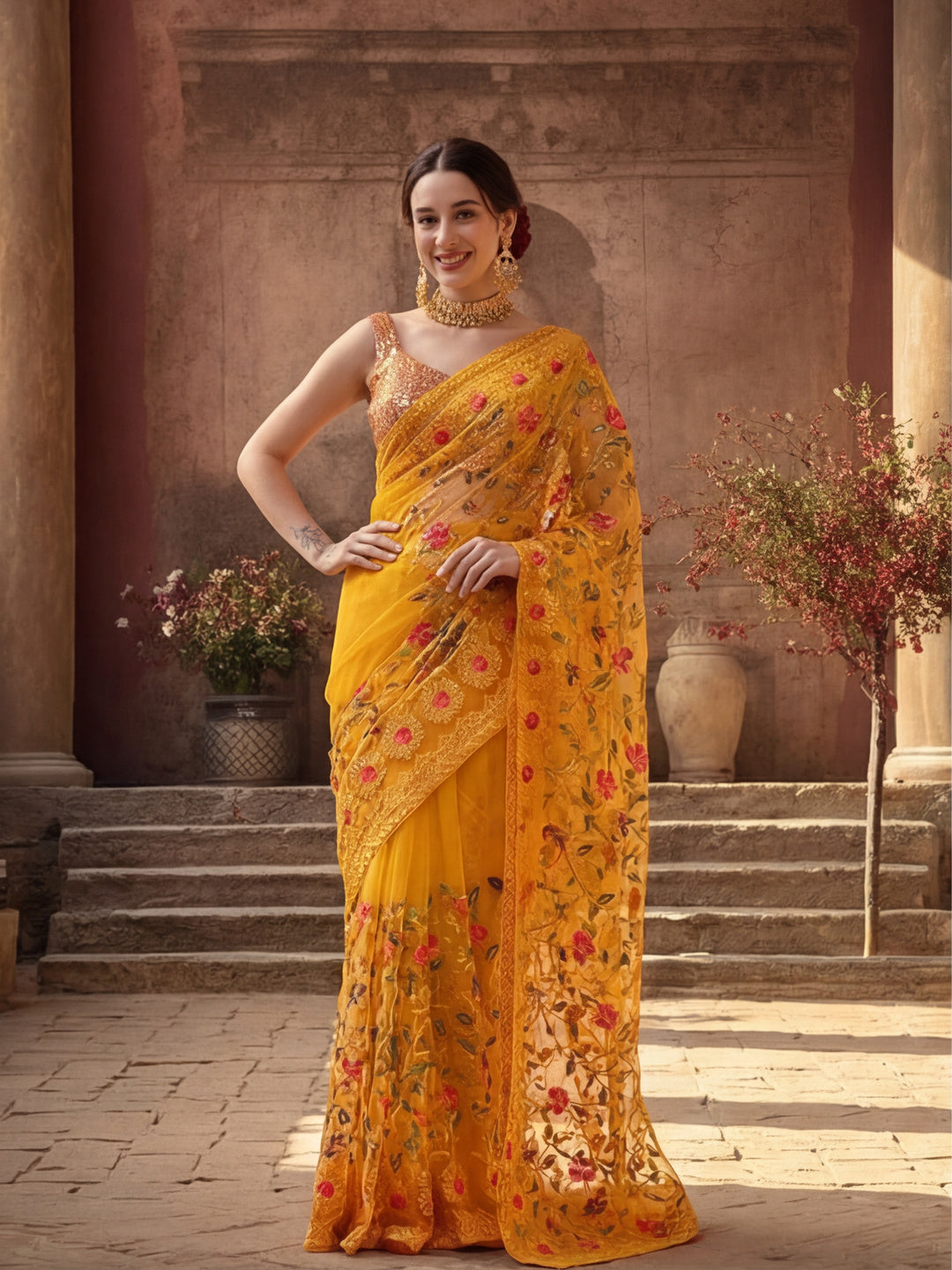 Party Wear Floral Embroidered Net Saree