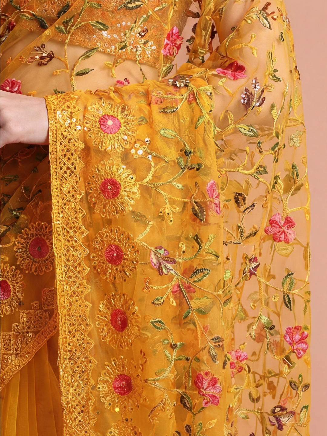 Party Wear Floral Embroidered Net Saree