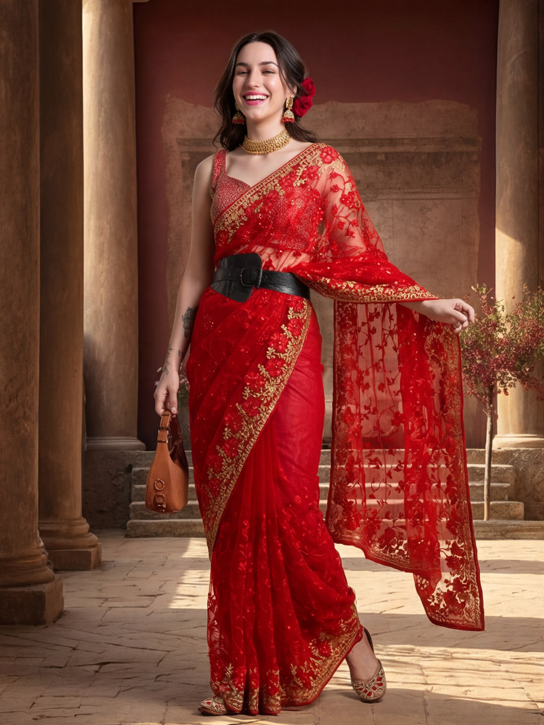 Floral Embroidered Net Red Party Wear Saree