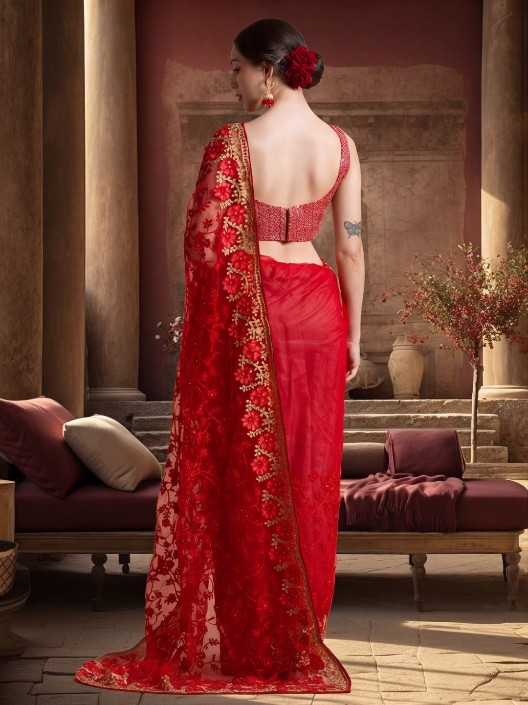 Floral Embroidered Net Red Party Wear Saree