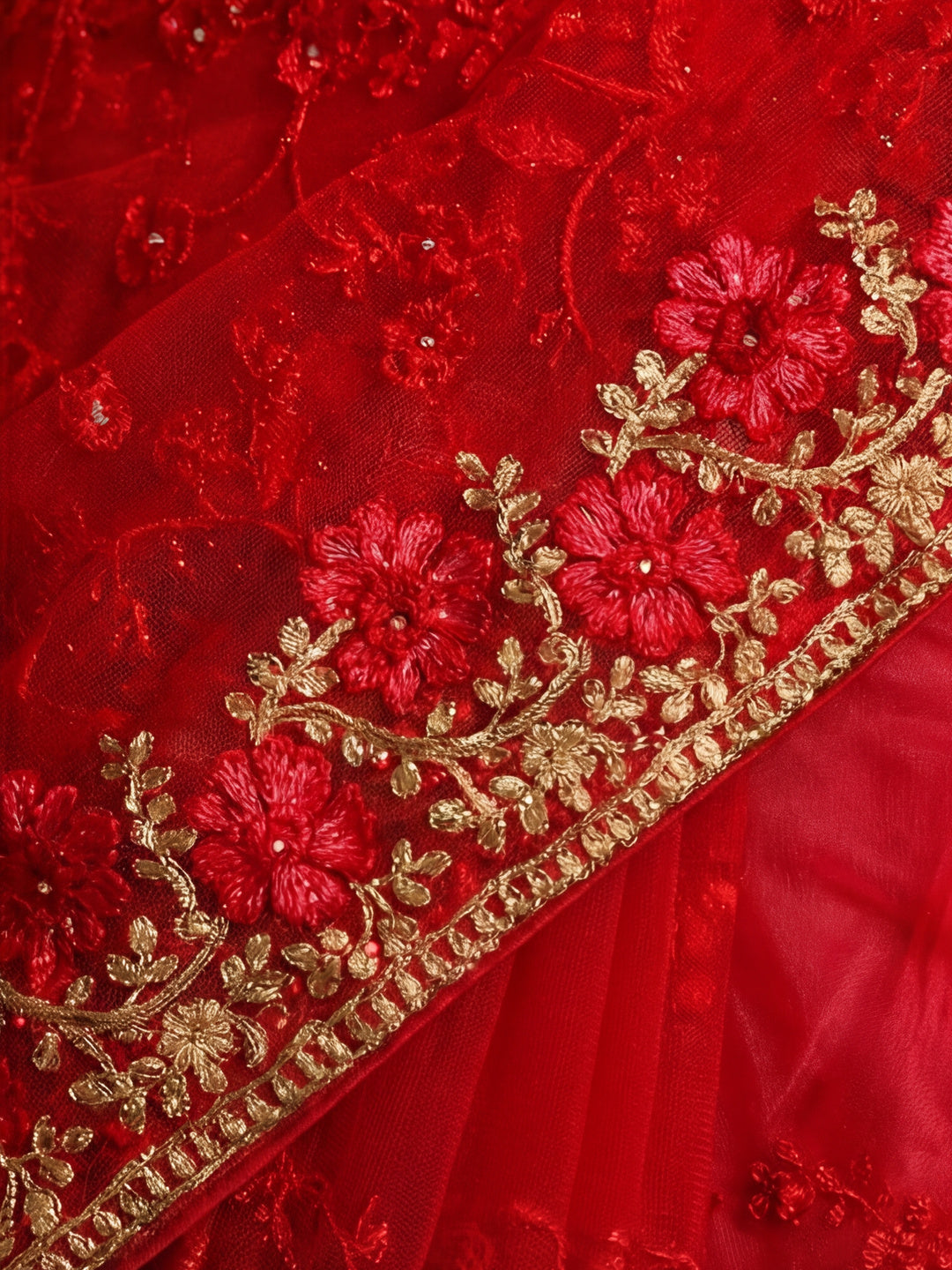 Floral Embroidered Net Red Party Wear Saree