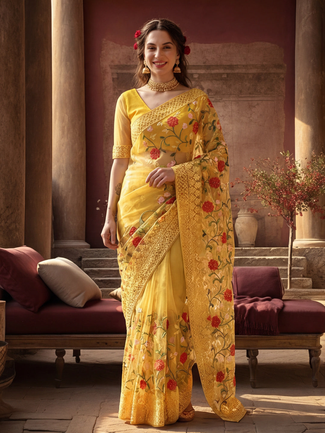 Heavy Floral Embroidered Net Party Wear Saree