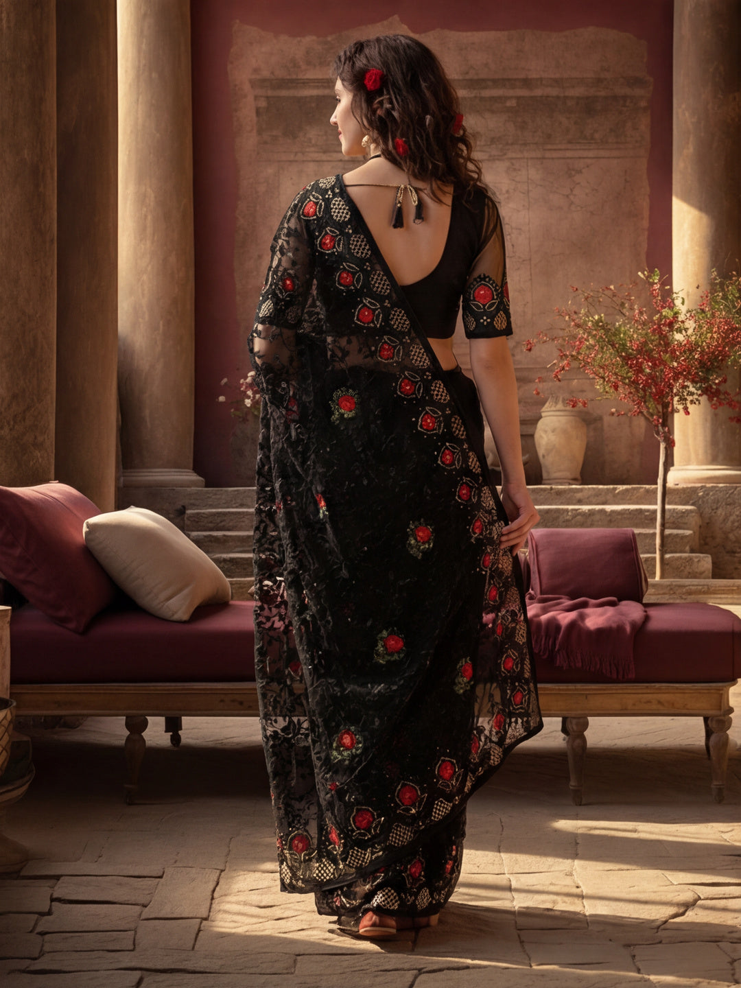 Heavy Floral Embroidered Net Party Wear Black Saree