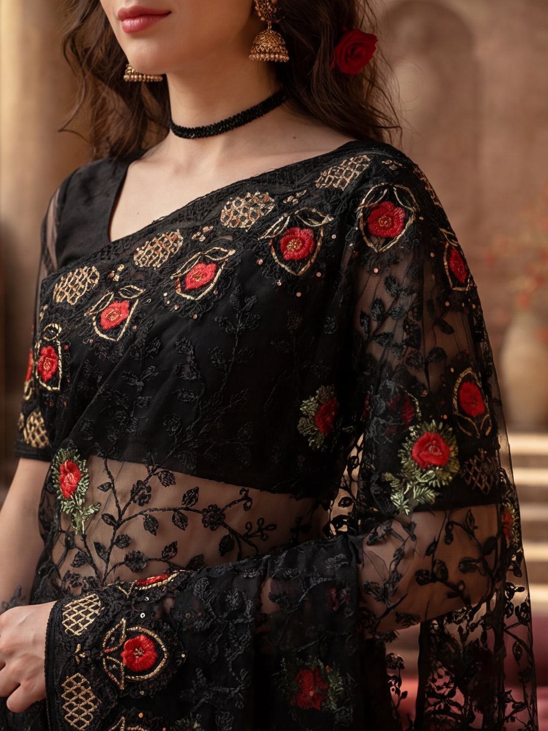 Heavy Floral Embroidered Net Party Wear Black Saree