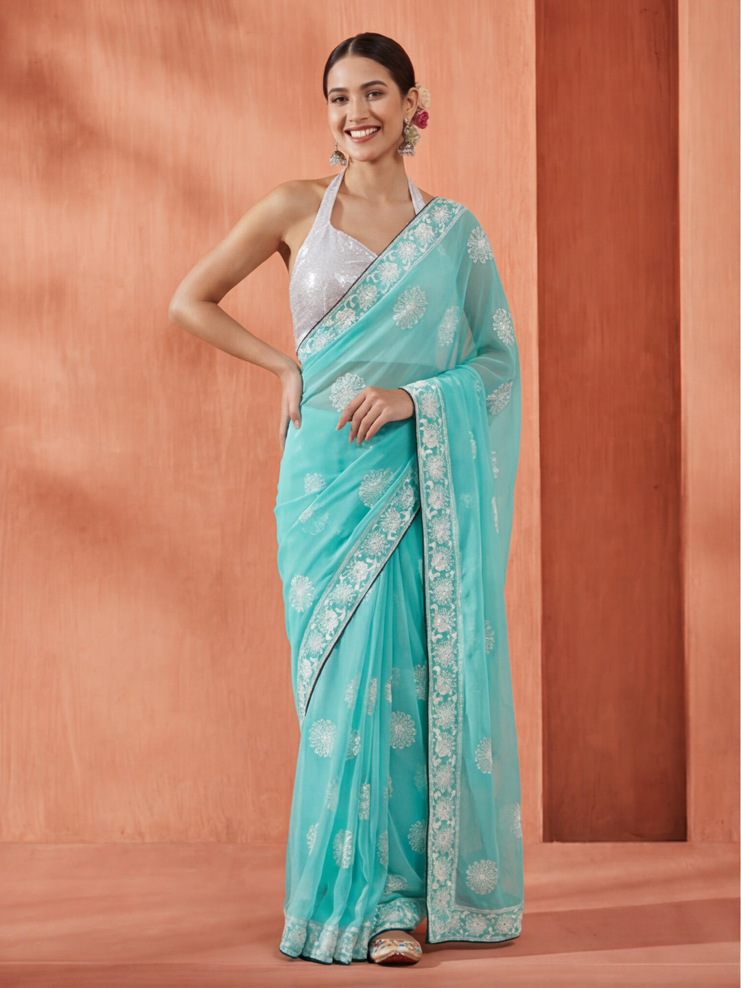 Traditional Sea Green Embroidered Pure Georgette Saree