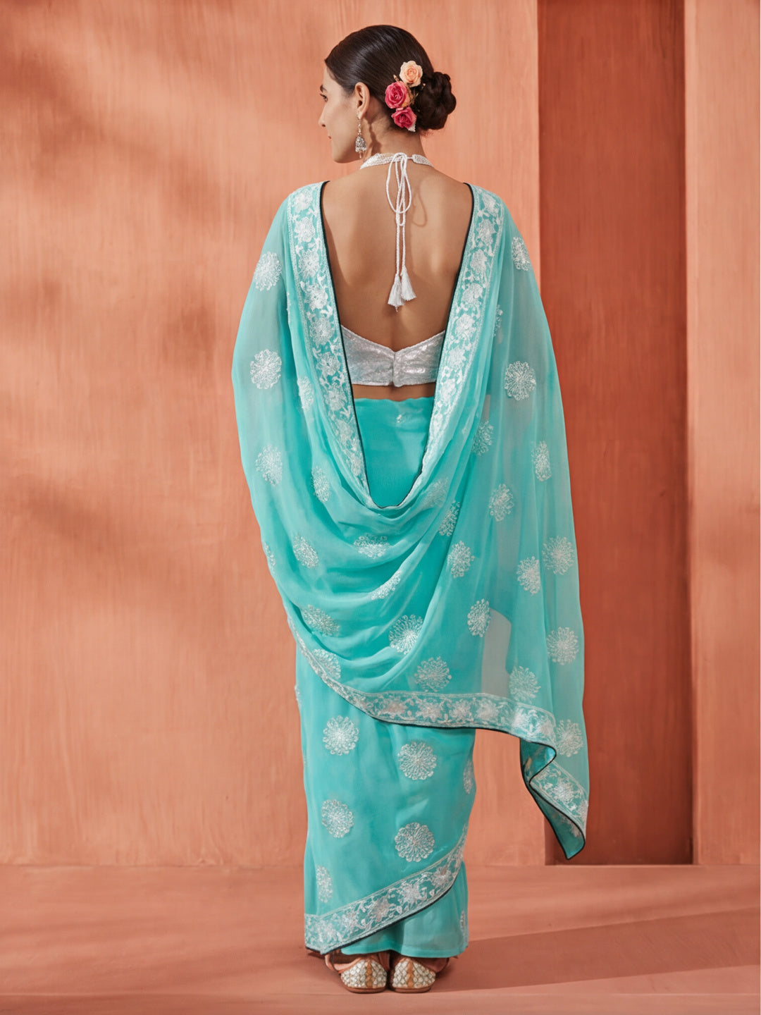 Traditional Sea Green Embroidered Pure Georgette Saree