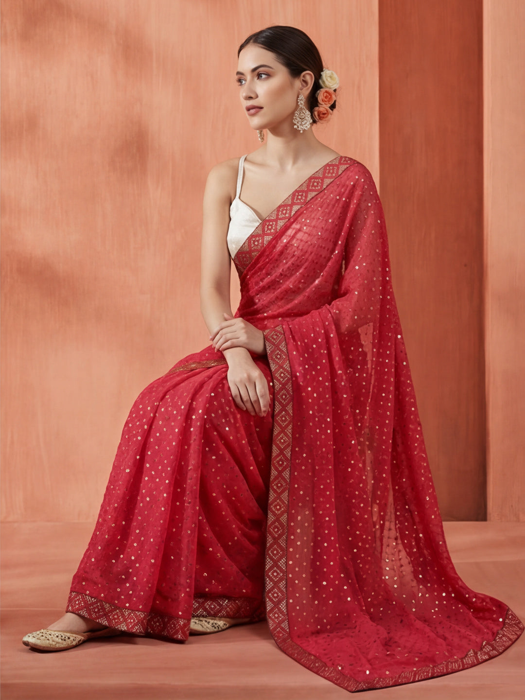 Party Wear Sequin Work Georgette Pink Saree