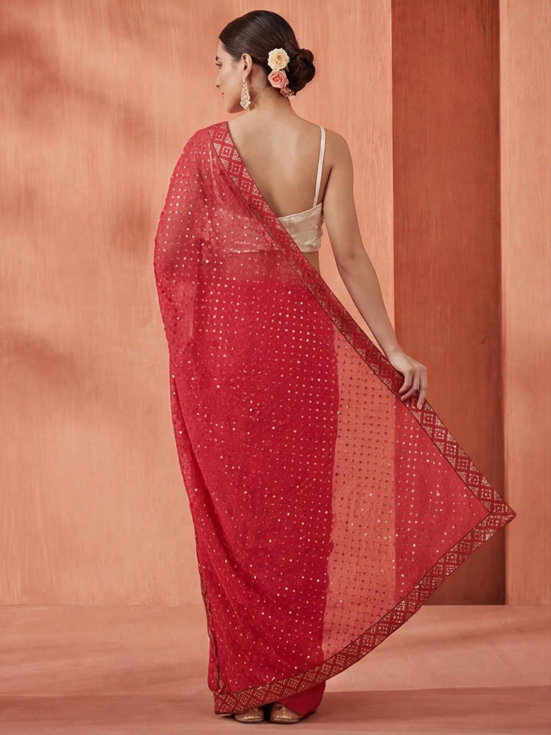 Party Wear Sequin Work Georgette Pink Saree