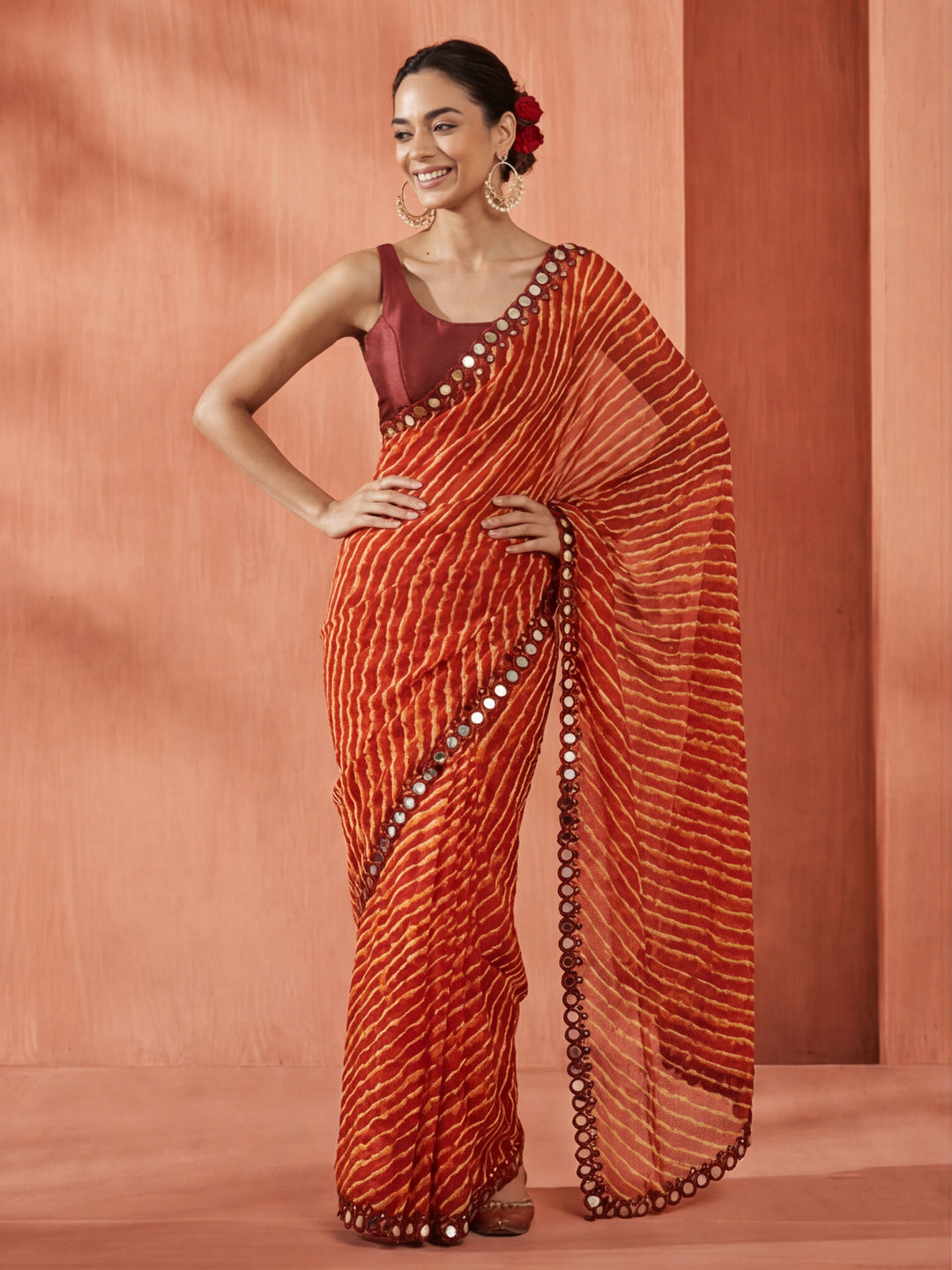 Chiffon Leheriya Mirror Work Saree