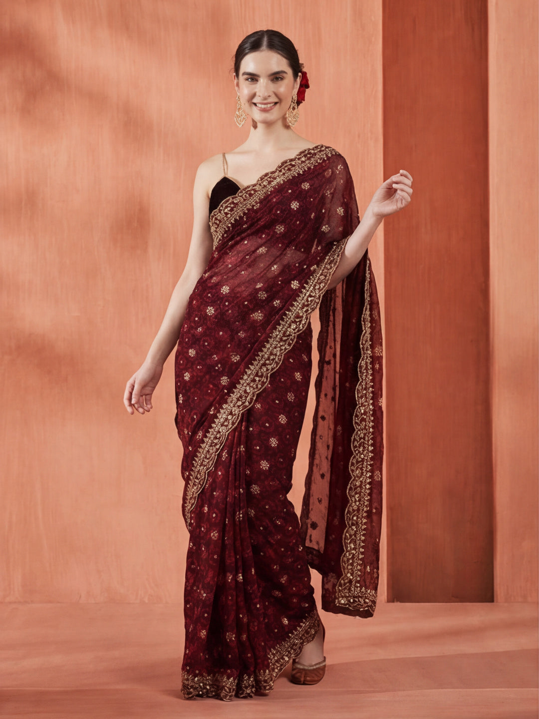 Wine Foil Printed Embroidered Pure Georgette Saree