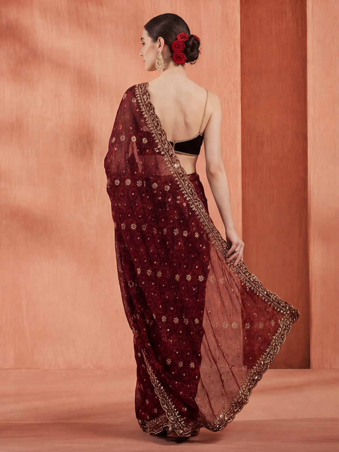 Wine Foil Printed Embroidered Pure Georgette Saree