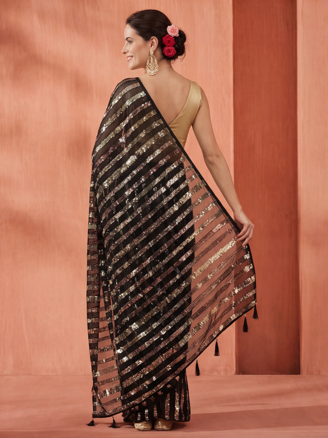 Georgette Sequin Embroidered Black Saree
