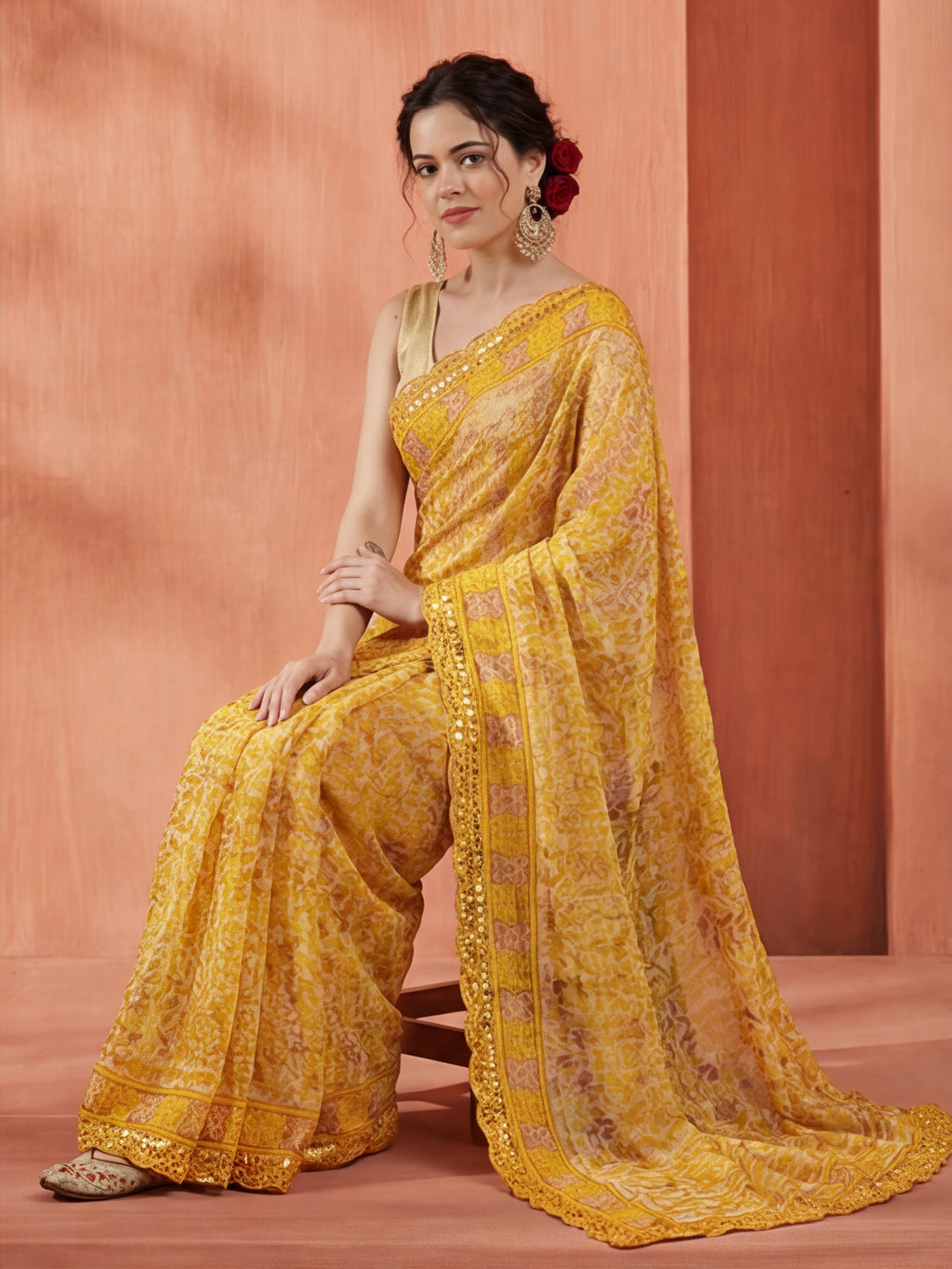 Sequin Embellished Tiger Printed Chiffon Saree