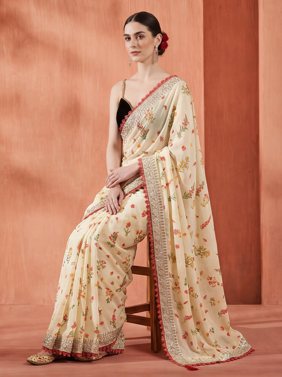 Fancy Chinon Printed With Embroidered Lace Saree