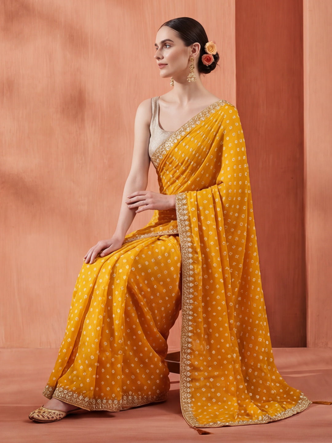 Fancy Chinon Printed With Embroidered Lace Saree
