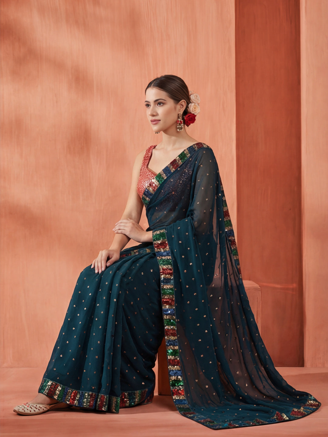 Party Wear Sequin Work Teal Georgette Saree