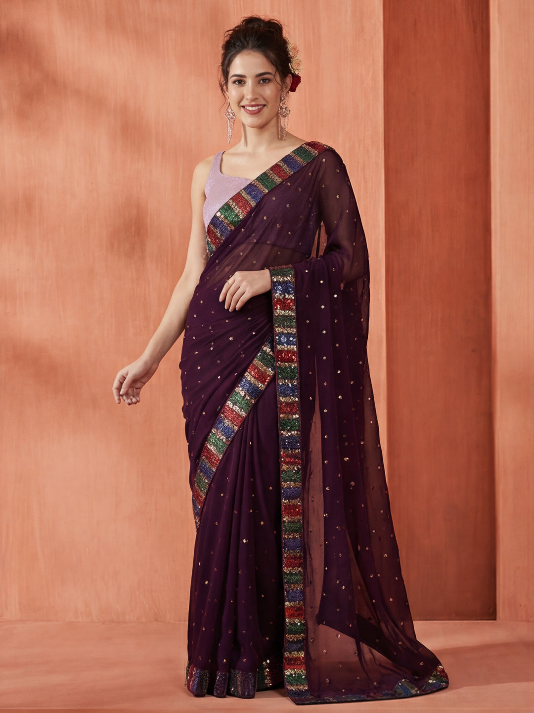 Party Wear Sequin Work Wine Georgette Saree