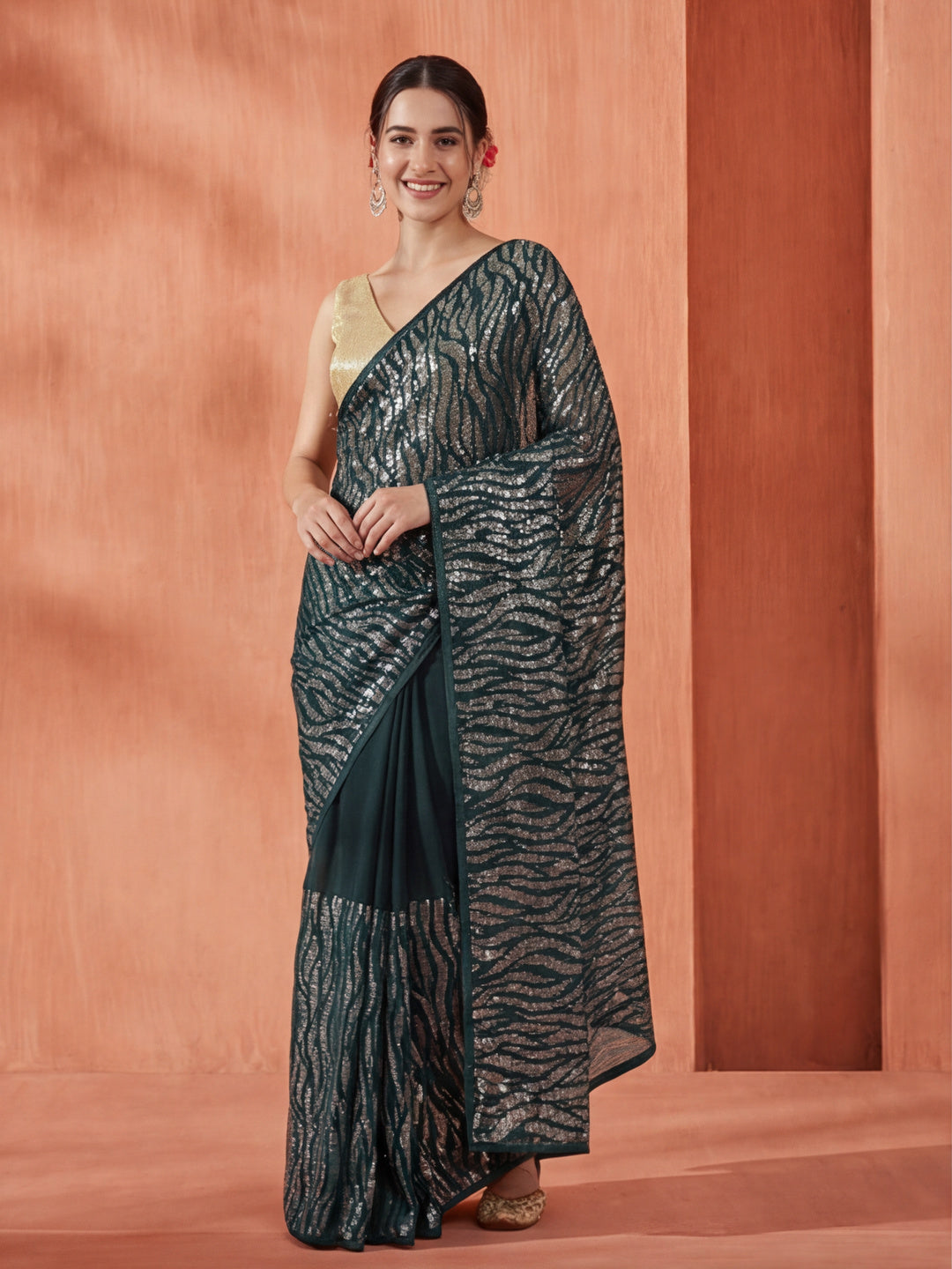 Pure Georgette Sequins Party Wear Dark Green Saree