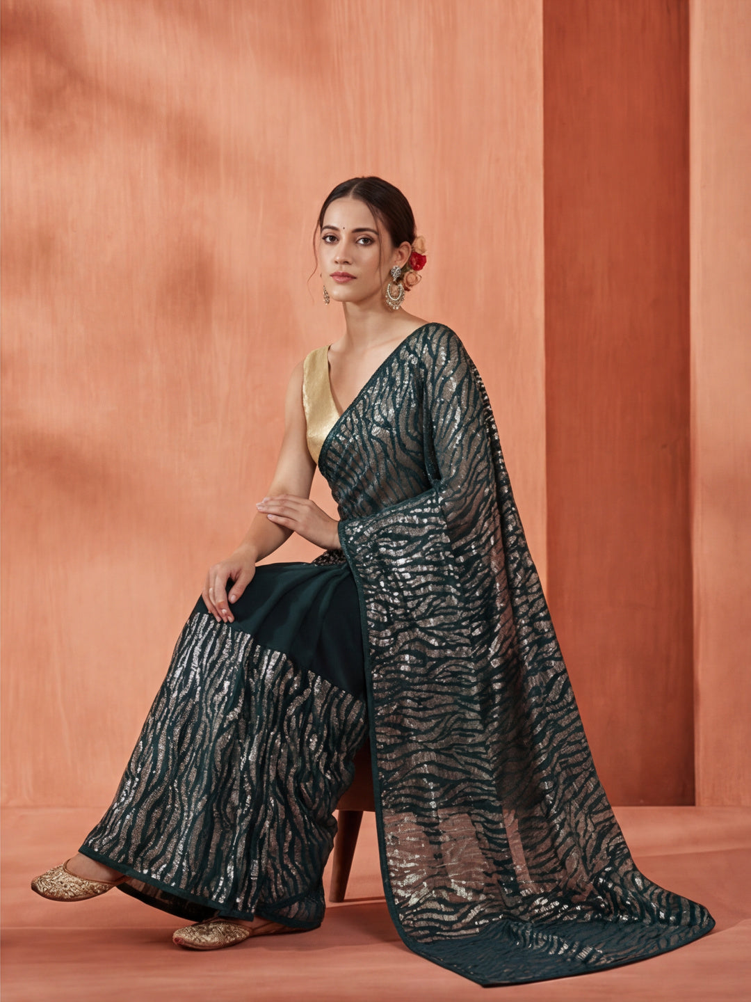 Pure Georgette Sequins Party Wear Dark Green Saree