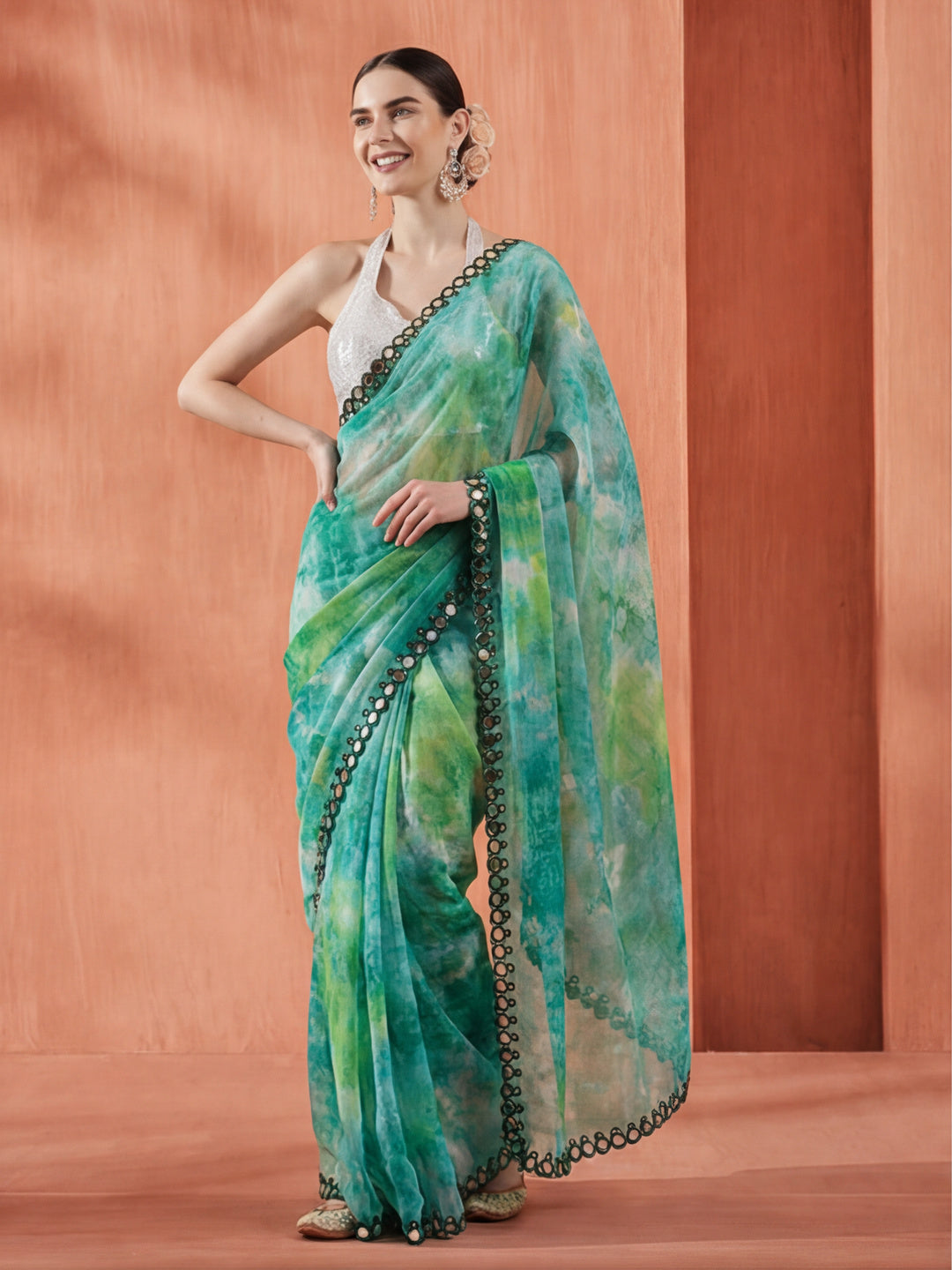 Pure Georgette Patola Mirror Green Tie-Dye Saree