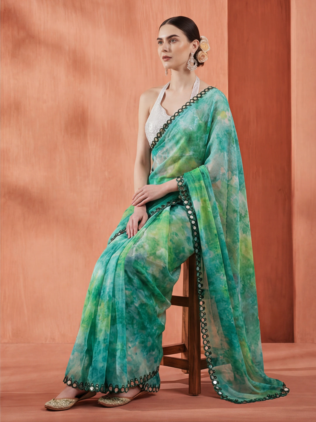 Pure Georgette Patola Mirror Green Tie-Dye Saree
