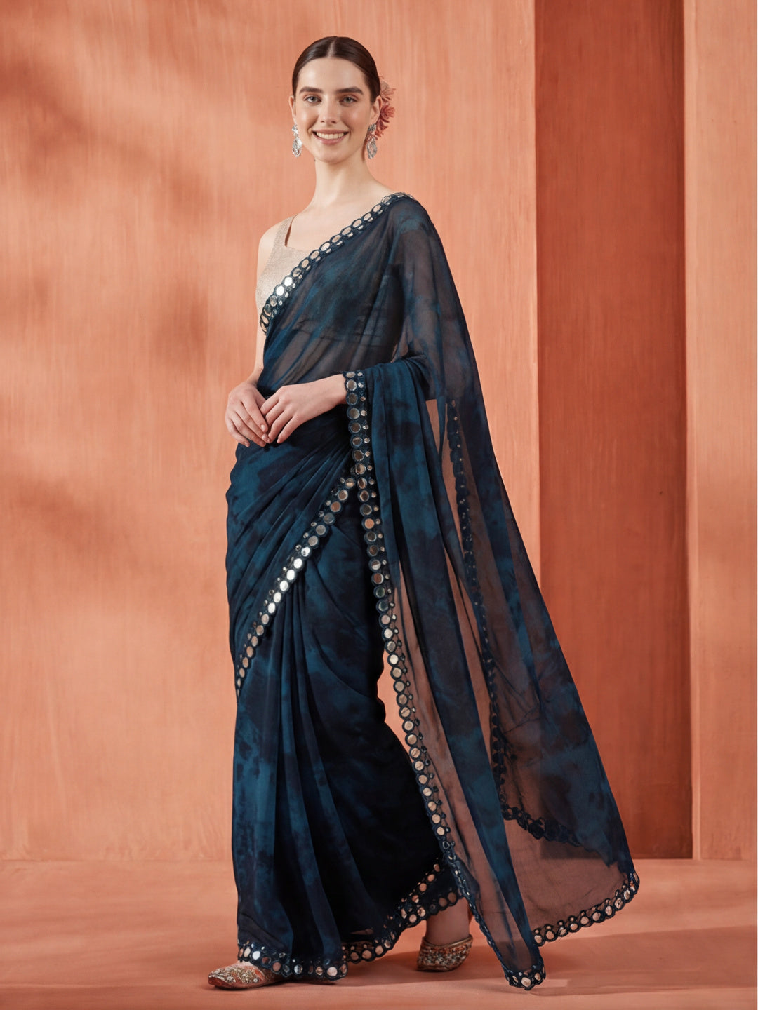 Pure Georgette Patola Mirror Teal Tie-Dye Saree