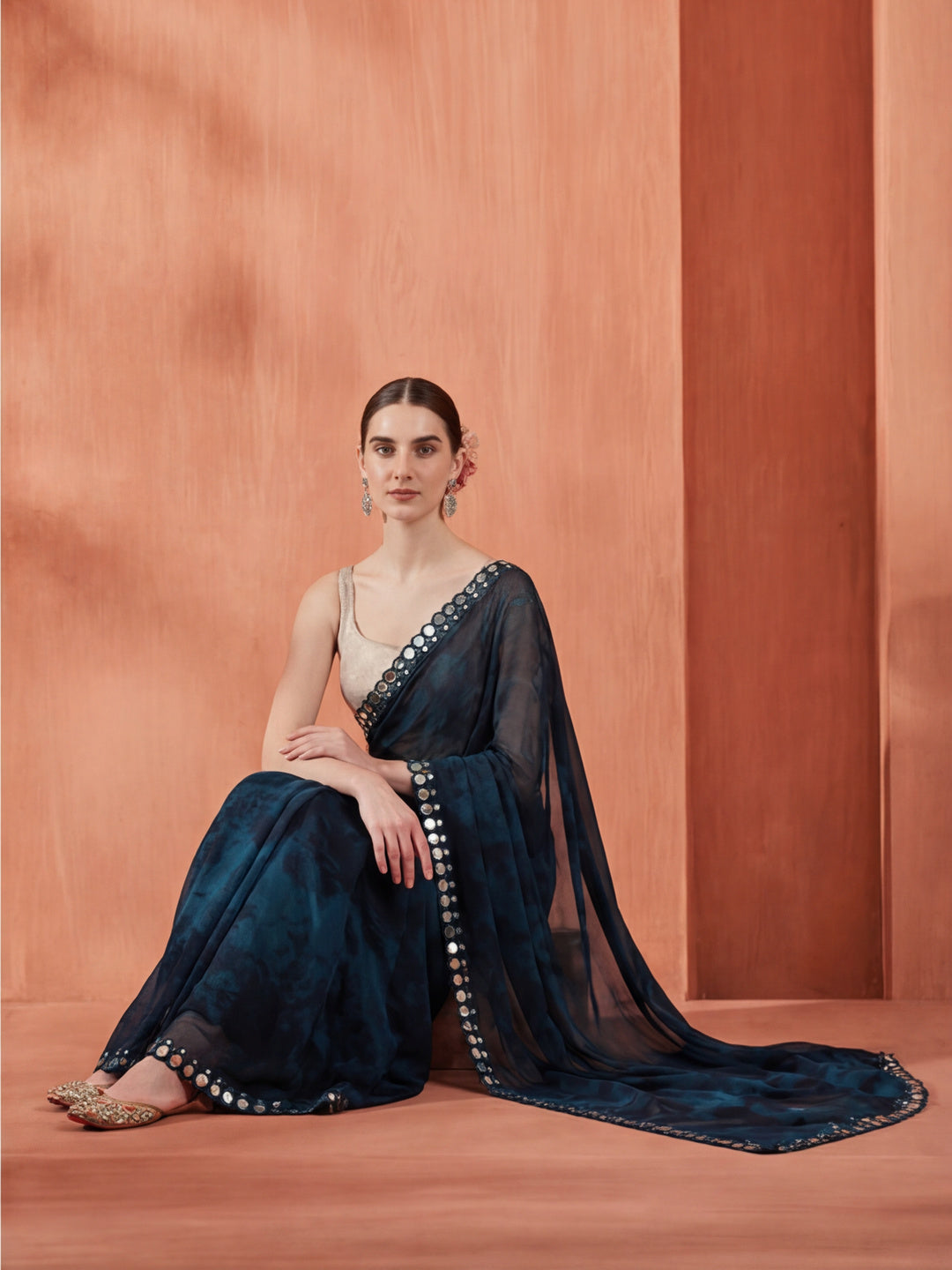 Pure Georgette Patola Mirror Teal Tie-Dye Saree