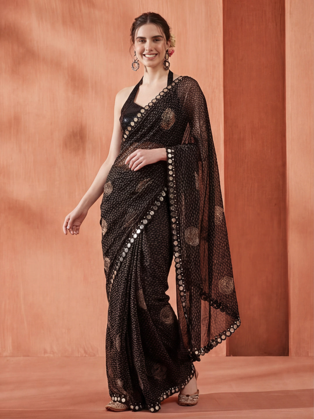 Pure Georgette Patola Mirror Black Saree