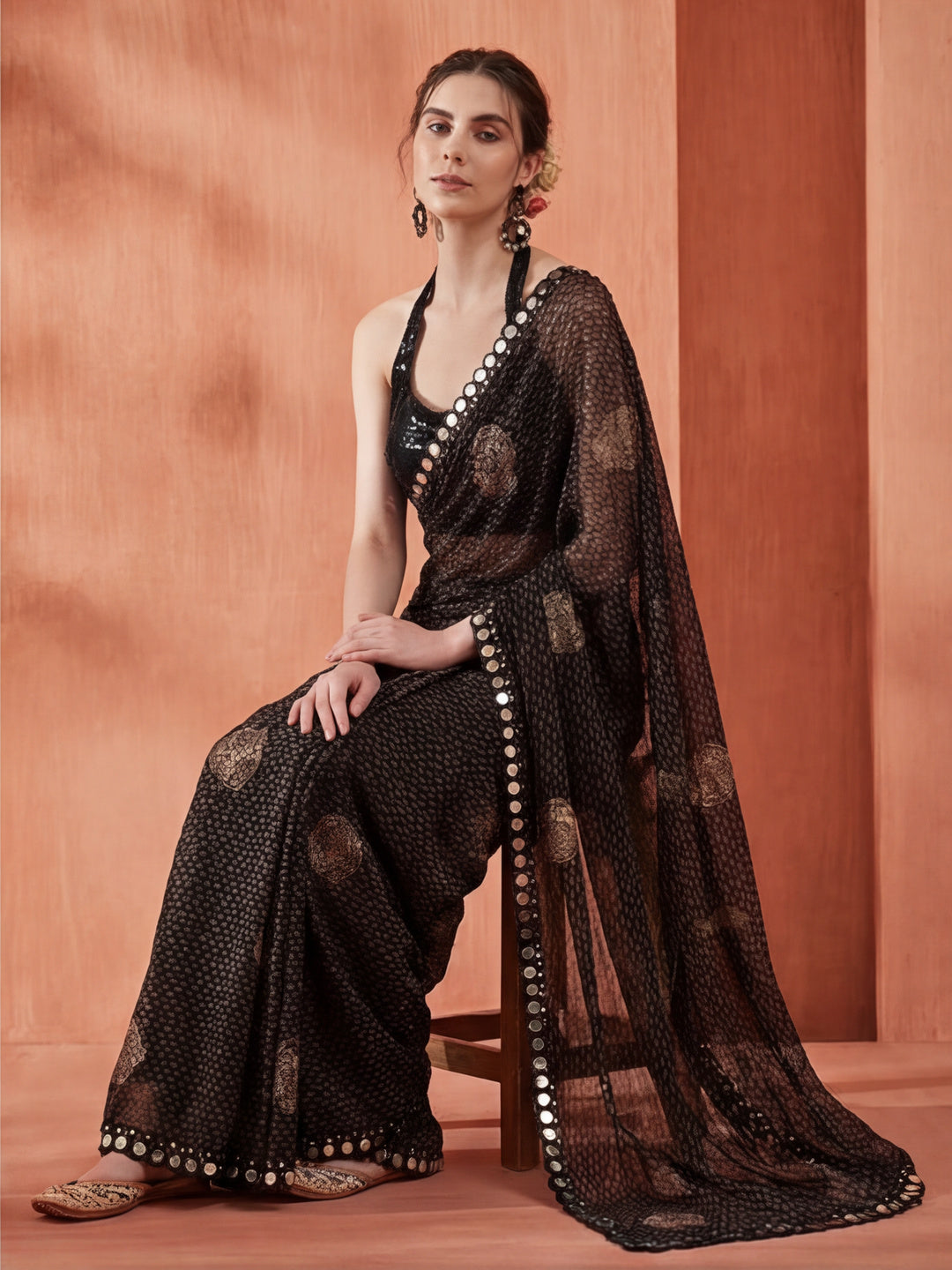 Pure Georgette Patola Mirror Black Saree