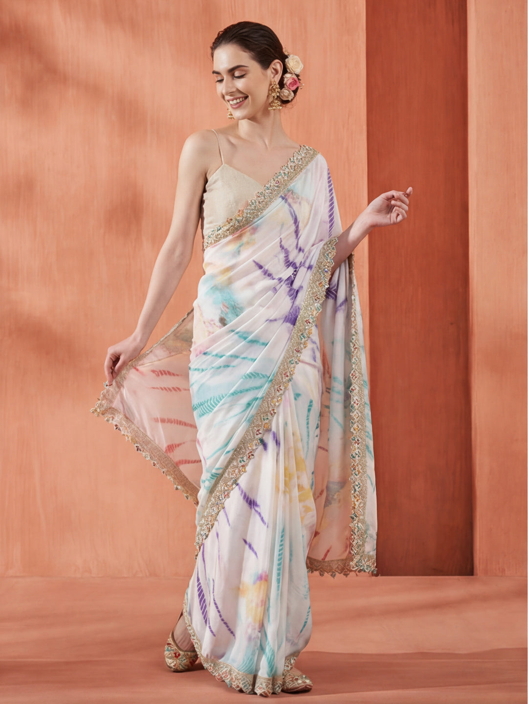 Multicolor Tie-Dye Satin Saree