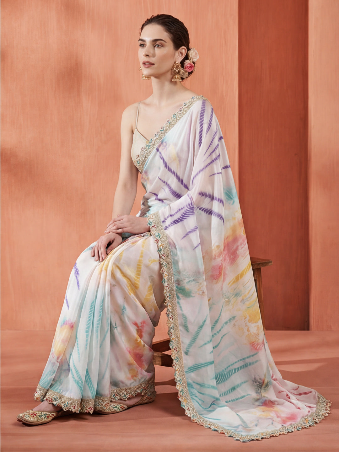 Multicolor Tie-Dye Satin Saree