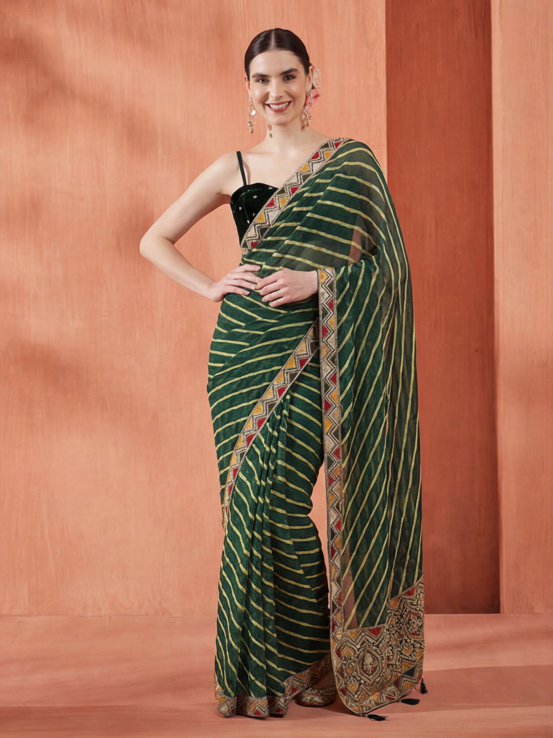 Green Leheriya Embroidered Pure Georgette Saree