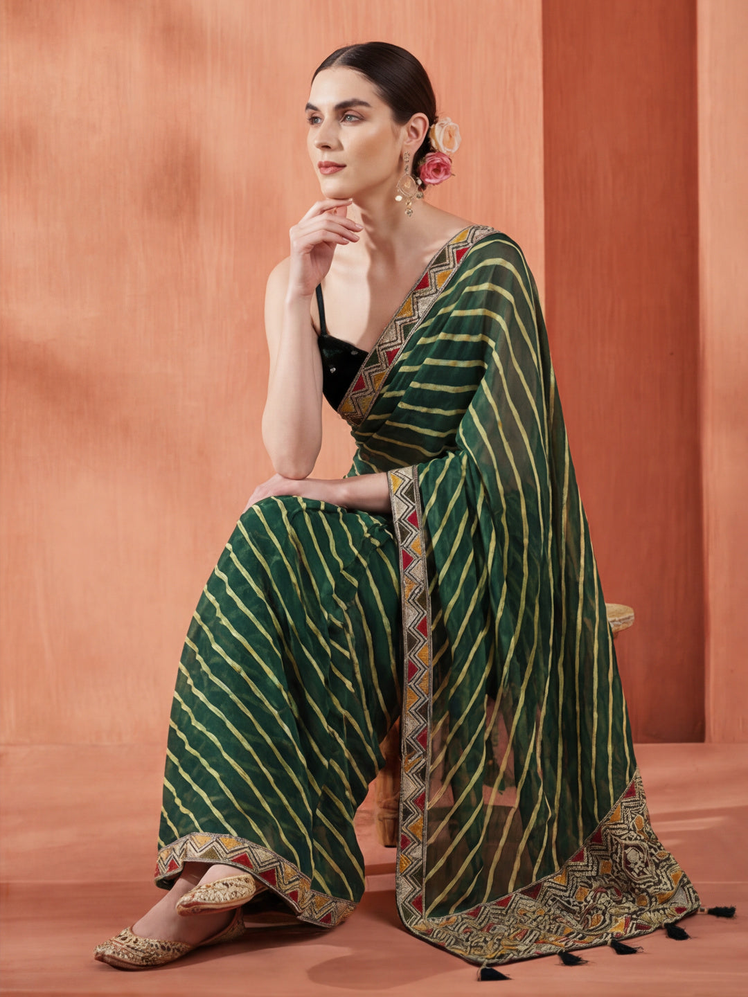 Green Leheriya Embroidered Pure Georgette Saree