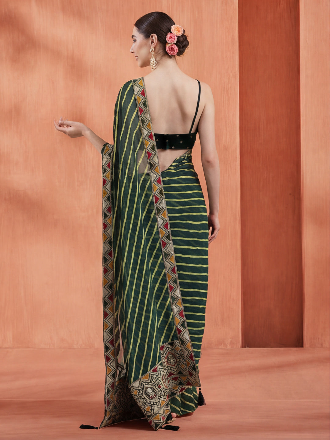 Green Leheriya Embroidered Pure Georgette Saree