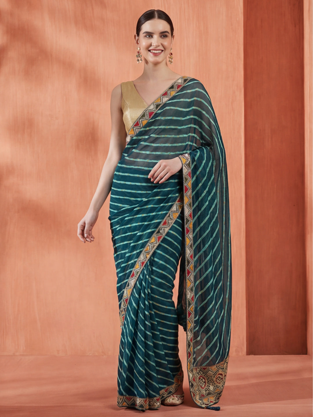 Teal Leheriya Embroidered Pure Georgette Saree