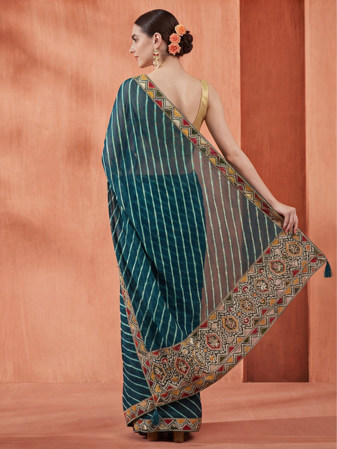 Teal Leheriya Embroidered Pure Georgette Saree