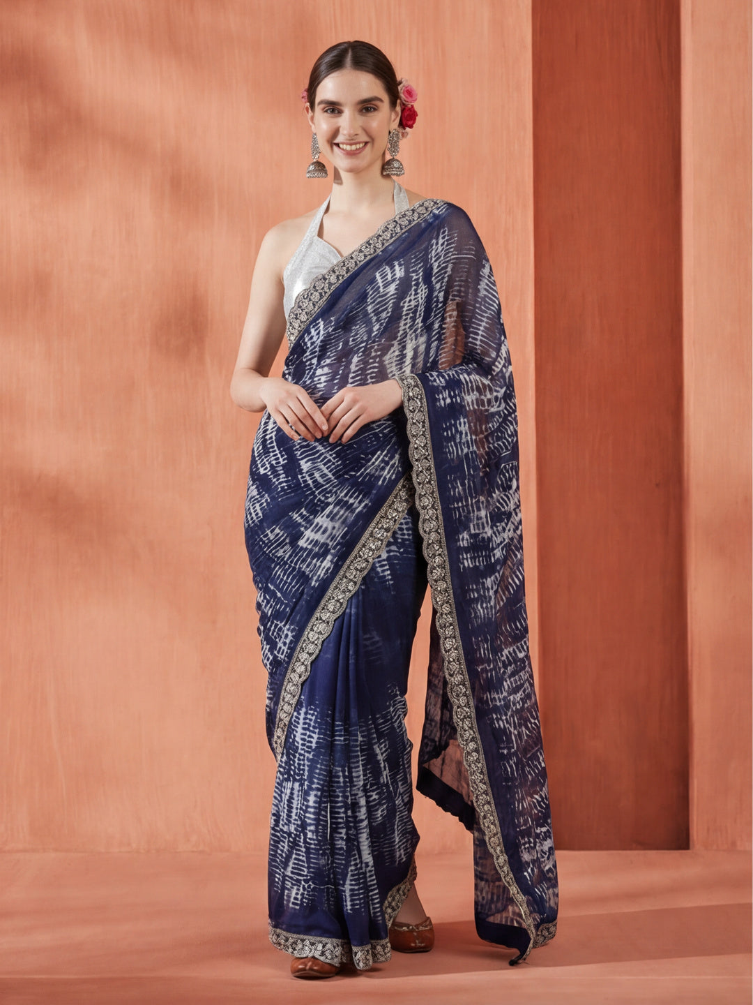 Blue Sequin Embroidered Pure Georgette Tie Dye Saree