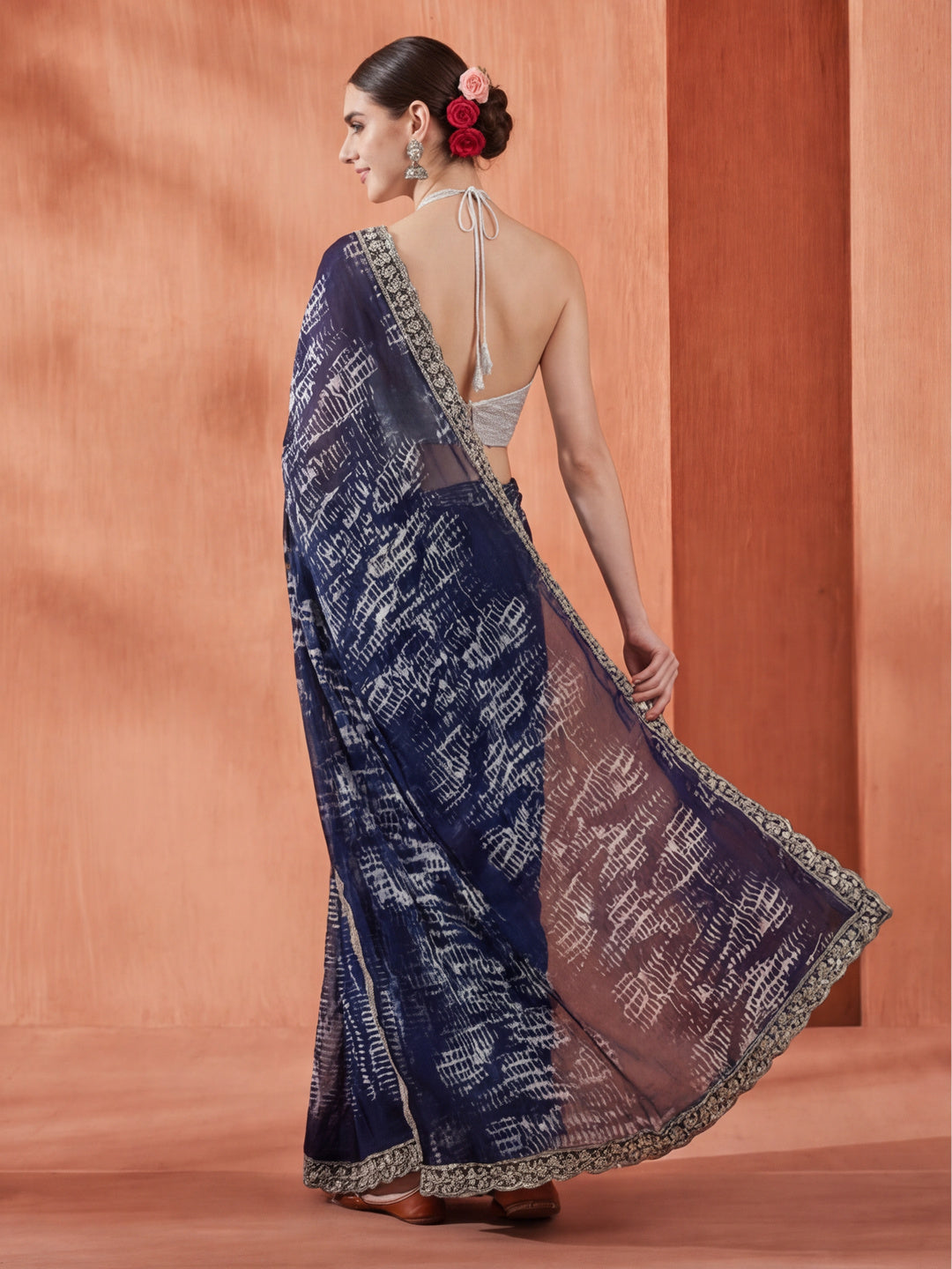Blue Sequin Embroidered Pure Georgette Tie Dye Saree