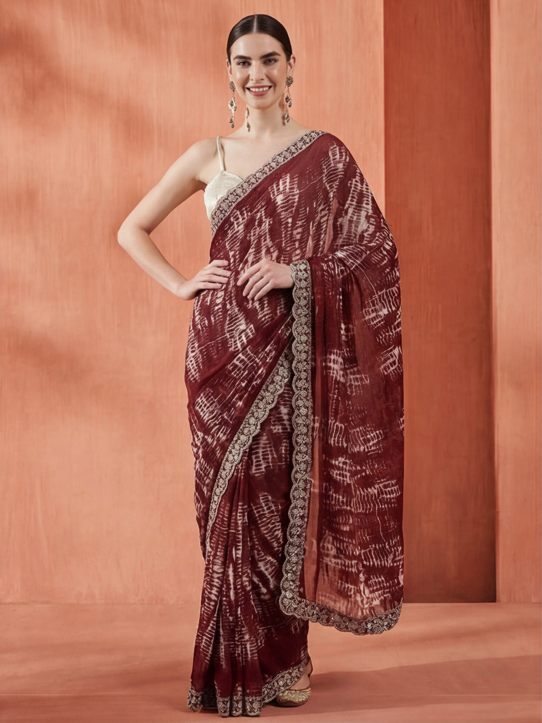Maroon Sequin Embroidered Pure Georgette Tie Dye Saree
