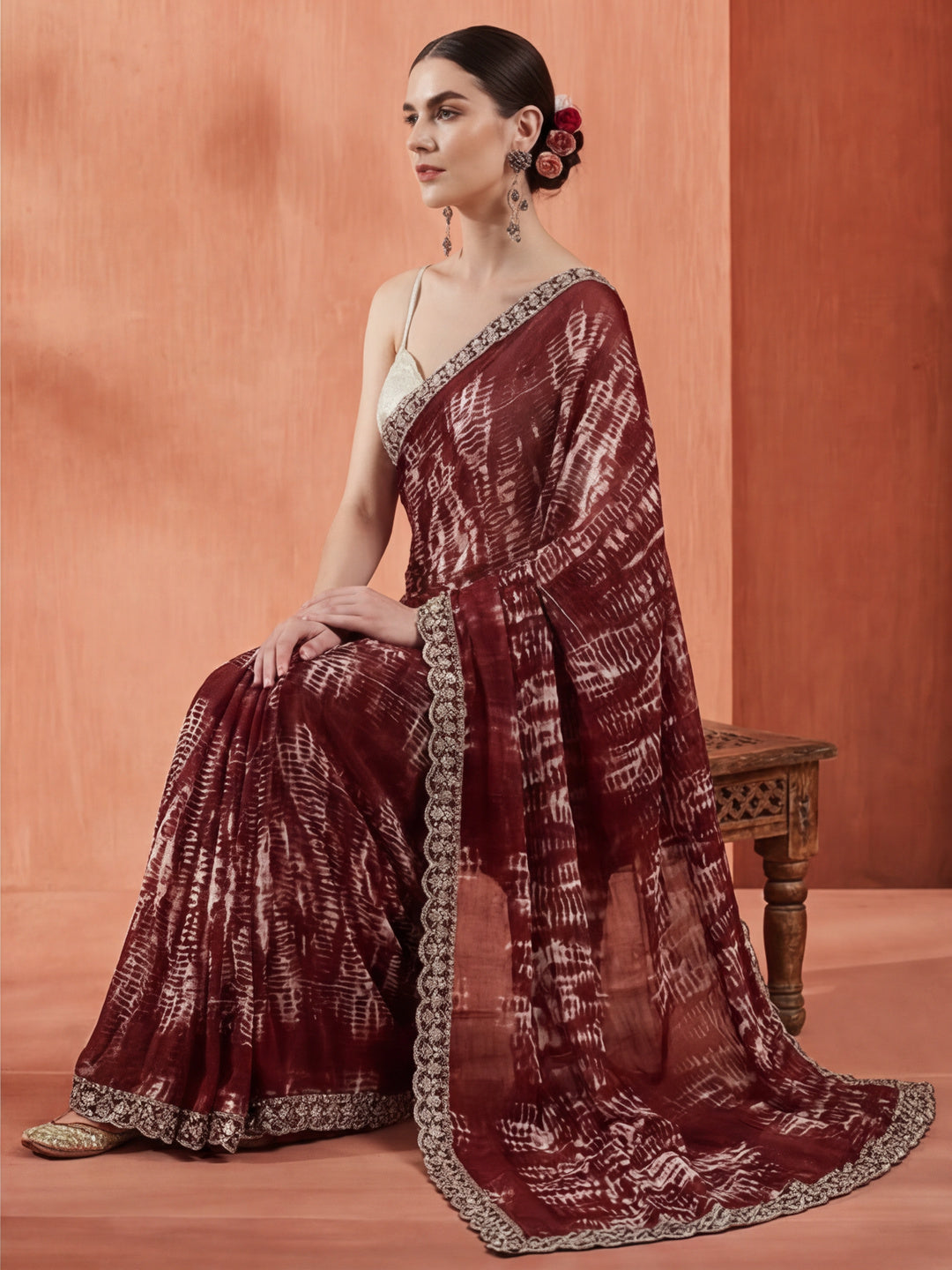 Maroon Sequin Embroidered Pure Georgette Tie Dye Saree