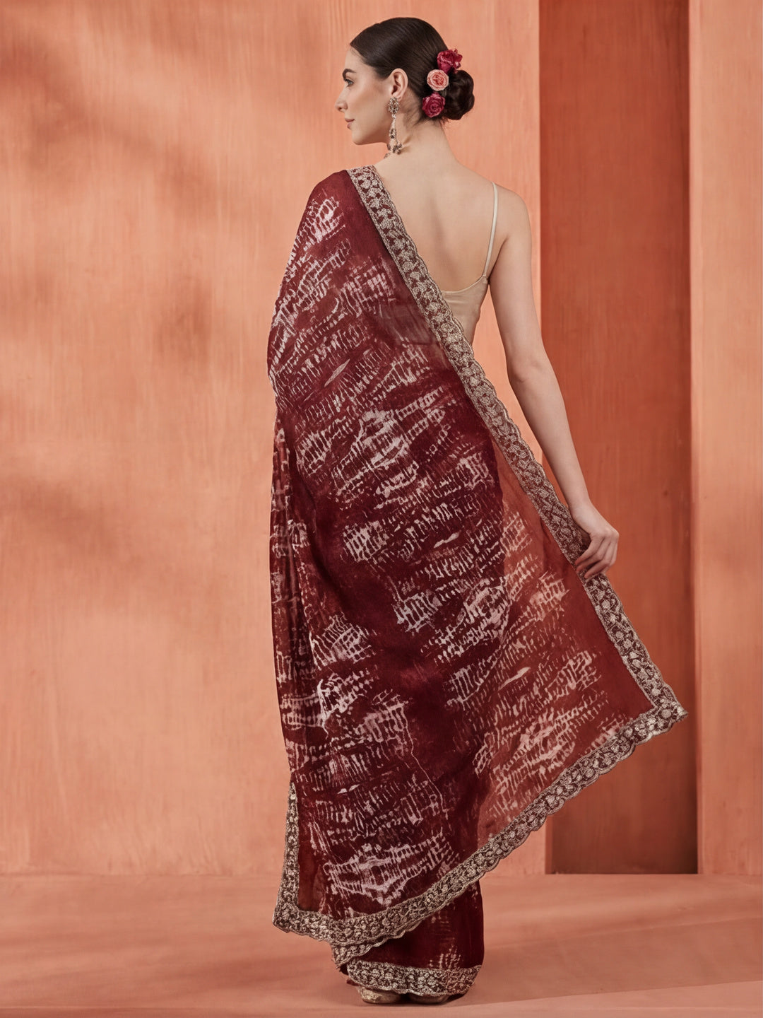 Maroon Sequin Embroidered Pure Georgette Tie Dye Saree