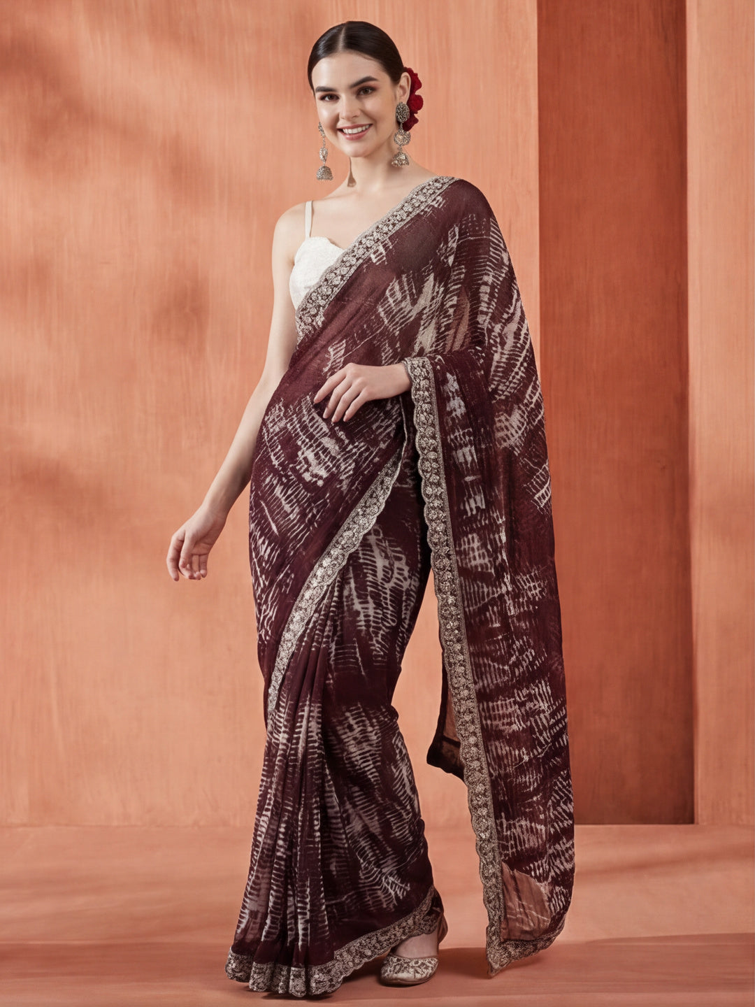 Violet Sequin Embroidered Pure Georgette Tie Dye Saree