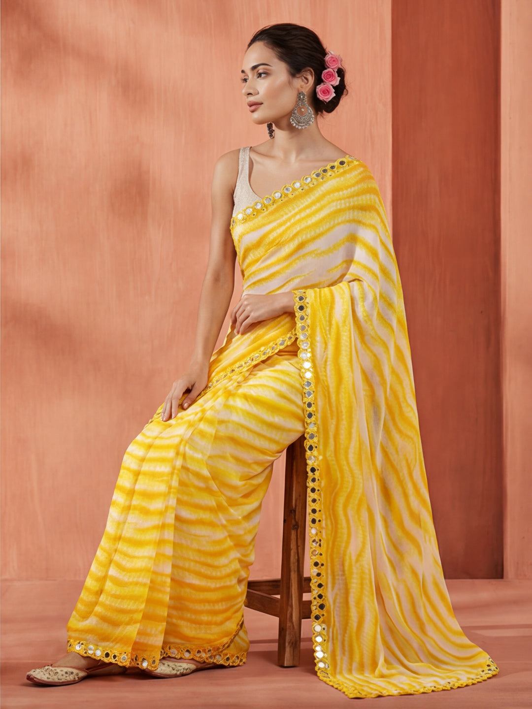 Pure Georgette Leheriya Mirror Work Saree
